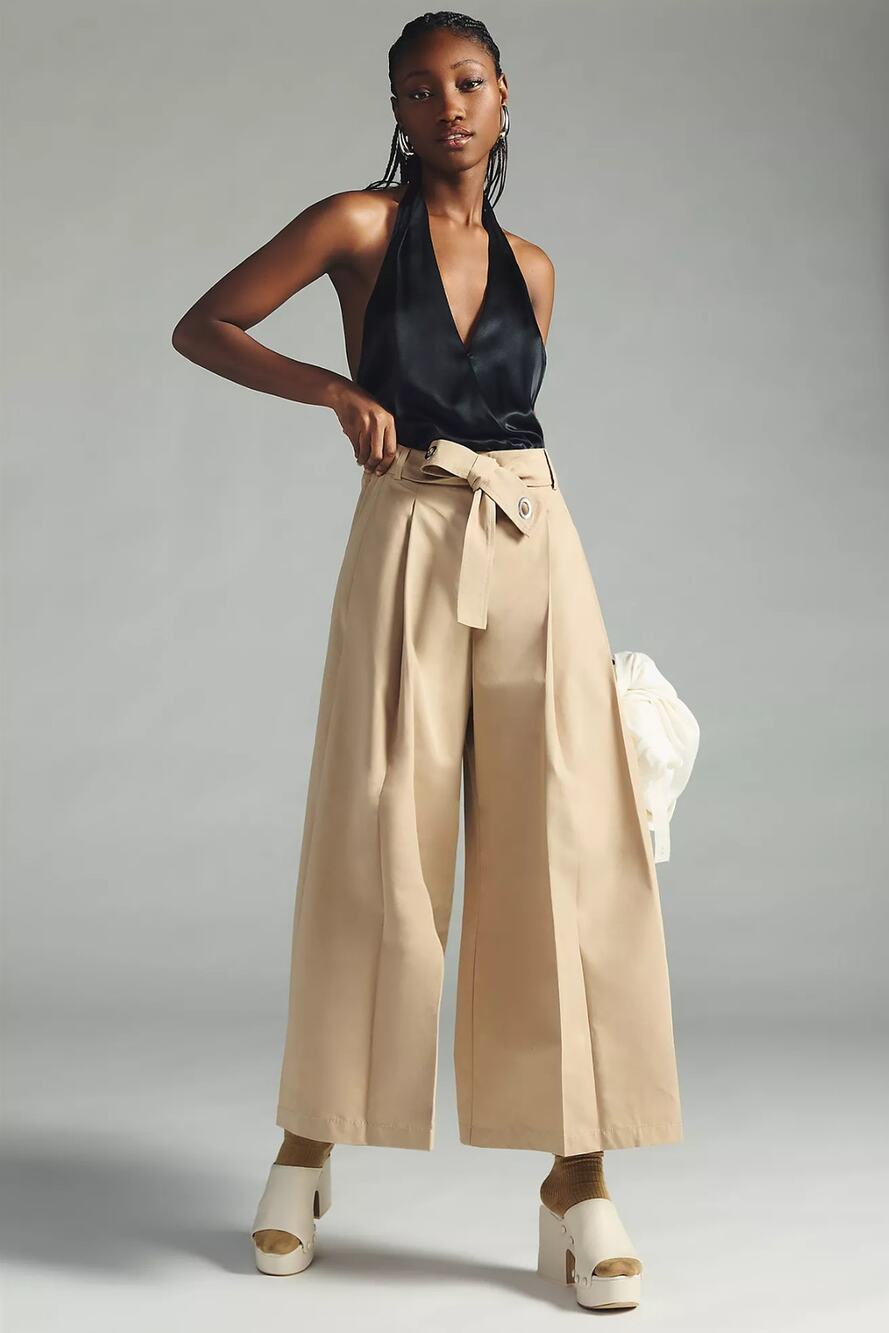 NWT Anthropologie Beatrice .b Poplin Wide-Leg Beige Crop Pants - Size 12